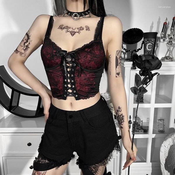 Débardeurs pour femmes Noir Rouge Floral Lace Front Up Bretelles Spaghetti Court Crop Top Lingerie Sexy Sous-Vêtements Femmes Débardeur Gothique Vêtements