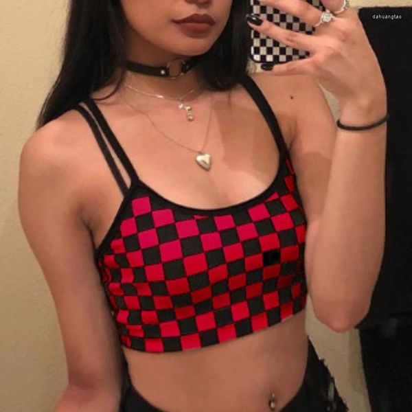 Tanques de mujer Negro Rojo Plaid Tablero de ajedrez Tank Top Halter Mujeres Bare Midriff Crop Tops Camis Moda Tubo Mujer Sin mangas Chaleco recortado