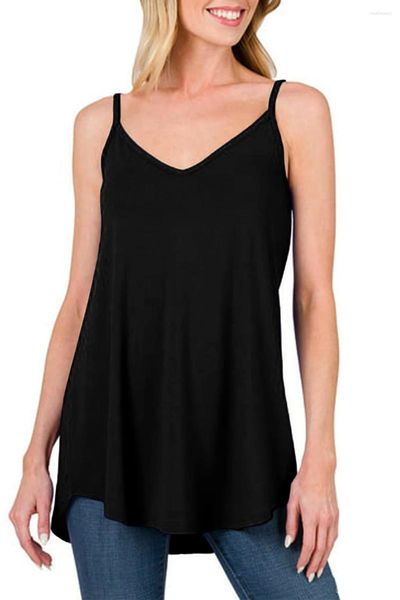 Tanks pour femmes Noir Spaghetti Strap V-Col V-Col Flowy Tunique Débardeur Femmes Solid Camisole Sans Manches Plissé Bouton Dames 2024 Gilet d'été