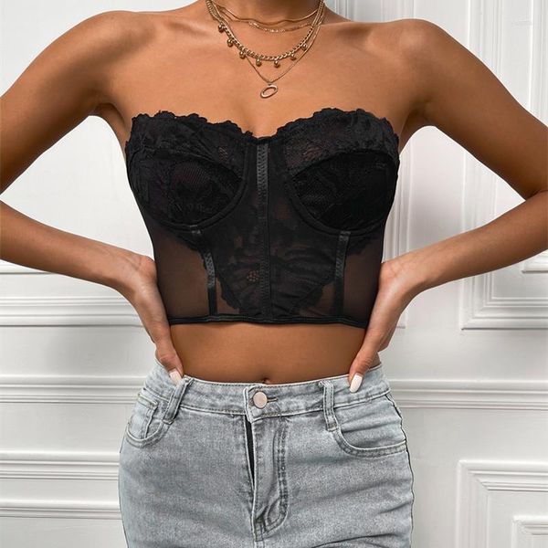 Débardeurs femme hauts noirs dentelle femmes Bandeau court uni chérie fleuri transparent haut bustier tubulaire dames été mince nombril