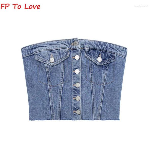 Débardeurs pour femmes Bleu Denim Bustier Tops Vintage Tube Corset Simple Boutonnage Été Sexy Poitrine Crop Dos Nu Élastique Hors Épaule