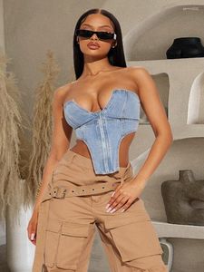 Dames Tanks Blauw Denim Tube Crop Top Dames Zomer Y2k Kleding Mode Sexy V-hals Mouwloos Ruglooze Vintage Jeans Tank Tops