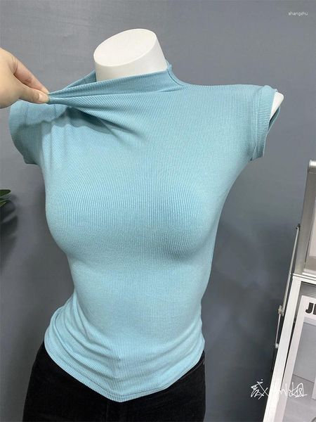 Camisetas sin mangas para mujer, camiseta azul Harajuku con cuello de tortuga y manga corta, ropa de calle ajustada Vintage de los años 90, camiseta estética Y2k 2024