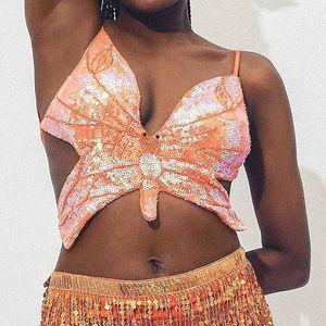 Damestanks Boho Beach Holiday Mini Vest Sexy lovertjes vlinder Crop top Summer Backless Lace Up Wrap Chest Women Club Party