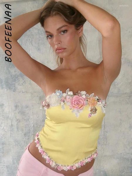 Tanks pour femmes Boofeenaa 3D Appliques florales Bustier Top Femmes Luxury Vintage Summer 2024 Sexy Crop Tops Crops Yellow C85-GZ15