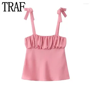 Les réservoirs de femmes arcs rose crop top rose femme ruine sans manches en satin avec des bretelles sans dos sexy tops d'été femme 2024 mignon court