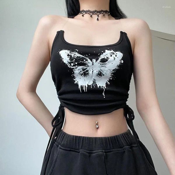 Débardeurs pour femmes imprimé papillon découpé crop top corset bandage d'été noir grunge y2k camis femmes sans manches tenues sans dos streetwear