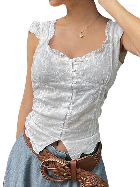 Débardeurs pour femmes T-shirts boutonnés Mancherons Col carré Hauts à bordure en dentelle Chemises à nouer dans le dos