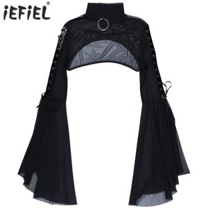 Débardeurs pour femmes Cami s Gothic Punk Flare Sleeve Crop Top Rave Party Cosplay Outfit Voir à travers Mesh Shrug Mock Neck O Ring Lace Up Tops Clubwear 230919