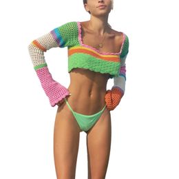 Débardeurs pour femmes Cami Summer Crop Tops Épissage Crochet Col Carré Manches Longues Tricoté Tshirt Streetwear pour Filles Vert 230331