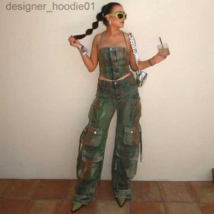 Tanks pour femmes Camis 2 pièces Tie Dye Washed Denim Bustier Tops Cargo Pantalons Femmes Ensembles Halter Crop Top Baggy Pantalon Jeans Hiphop Cool Deux Pièces Tenues L231208