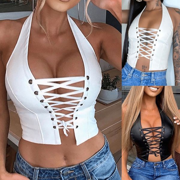 Tanks pour femmes Camis 2023 Été Slim Render Top court Femmes Bandage Sans Manches Croptops Débardeurs En Cuir Creux Out Crop Vest 230322