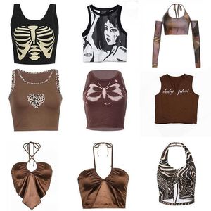 Tanques de mujer Camis 2023 Vintage Brown Halter Camisole Hollow Out Cyber Y2k Crop Top Mujeres Gothic Tops Sexy Corset Tank Top Camis 90s Ropa P230519