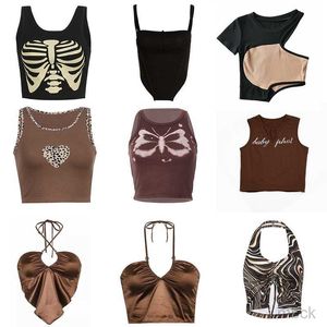 Débardeurs pour femmes Camis 2023 Vintage Brown Halter Camisole évider Cyber Y2k Crop Top Femmes Gothique Sexy Esthétique Fée Corset Tank Camis 90s Vêtements Festival de musique