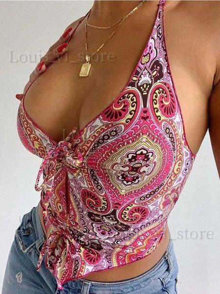 Tanques de mujer Camis 2023 Mujeres V Cuello Rosa Cultivo Top Verano Halter Sin espalda Fuera del hombro Vendaje Fruncido Impresión Rojo Y2K Sexy Tank Tops Vintage T240222