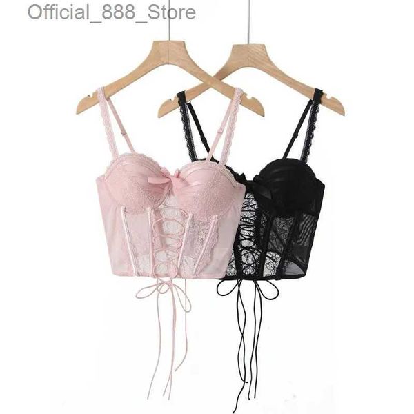 Tanks pour femmes Camis 2024 Summer Bow Sexy Lace Lace Aesthetic Crops Tops Womens Tie Camisole Film Color Color Top Coquette Streetwear Vêtements Y2K D240427