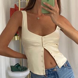 Tanques de mujer Camis 90s Vintage Satin Button Up Tank Top Y2K Fairycore Grunge Milkmaid Top Chic Mujeres Elegante Slim Fit Mini chaleco Retro Crop Top 230706