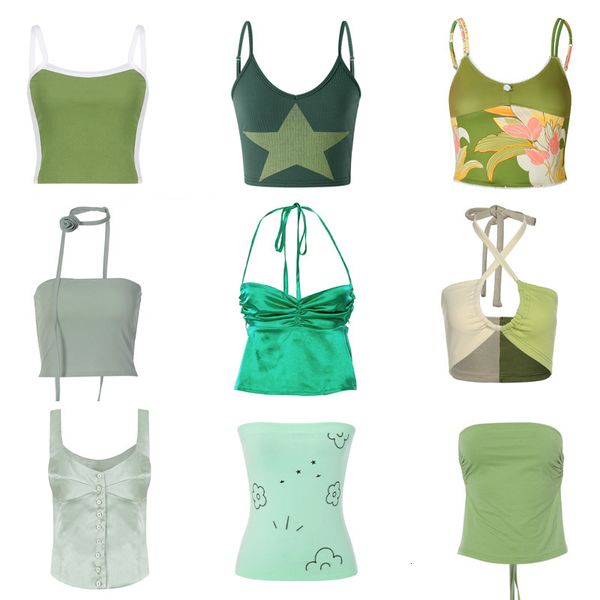 Tanques de mujer Camis 90s Mujeres Sexy Cami Top Y2K Estética Verde Cuello en V Sin mangas Sin espalda Halter Crop Chaleco E-girl Vintage Summer Tank Top Ropa 230705