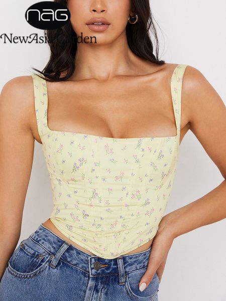 Tanques de mujer Camis Asia Floral corsé Top estampado Patchwork cremallera deshuesado 2 capas Slim Fit Crop Tank Chic amarillo Cami y2k 230418