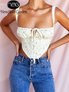 Damestanks Camis Asia Floral Corset Women Sweet Print Hollow Up Tie Sexy Crop Top Zomer Mouwloze ruches uitrusting Bustier Casual Tank 230422