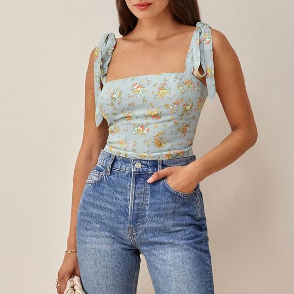 Tanques de mujer Camis Vacaciones en la playa Estampado floral Tops de verano Mujeres 2023 Cuello recto Sin mangas Correa de corbata Crop Top Back Smocked Sexo ajustado