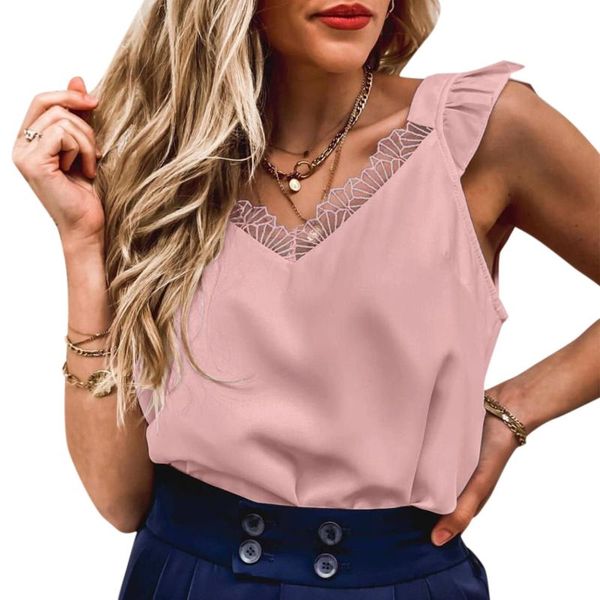 Femmes Débardeurs Camisoles Beauté Tops Pour Femmes Femmes Élégant Col En V Sans Manches Chemise Dentelle Classique Haut Solide Coton Spandex FemmesFemmes