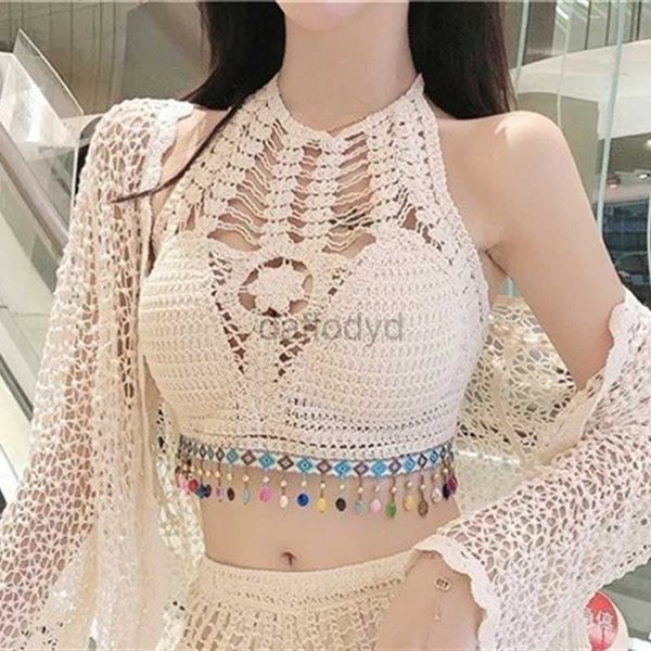 Camisetas sin mangas para mujer, top bohemio étnico con borlas y tirantes delanteros, chaleco corto de encaje de ganchillo con huecos dulces AM5234 24326