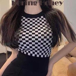 Tanks Femmes Camis Boring Honey Crop Top Femmes Style Français Halter Off-The-Shoulder Tops Chemise de base T-shirt court Checker Sling Vest Femmes Vêtements Y2302