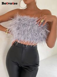 Damestanks Camis Botvotee Feather Crop Tops For Women Summer 2023 Strapless Off Schouder Backless Sexy Top Fashion Night Club 230316