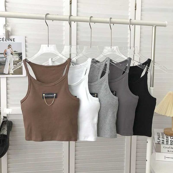 Dames Tanks Camis Ketting Brief Afdrukken Mouwloos Tube Top Vest Dames Zomer Koreaans Retro Joker Grijze Sling Top met Borst Pad Crop Top Dames P230328