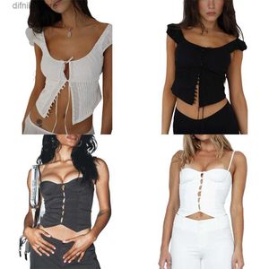 Damestanks Camis Chic Fashion Square Collar Lace Up Tops T-shirts voor dames korte sleve zomerkuscroset tops camisole elegante vintage tops y240403