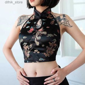 Tanks pour femmes Camis Cibbar Style chinois Sexy Crop-top sans manches Sans manches creux de bandage arrière sans lic