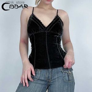 Tanks pour femmes Camis Cibbar Elegant Retro Crop Top Vintage 2000S Sans manches V Neck Velvet Patchwork Camis Y2k Harajuku Black Tenues de file