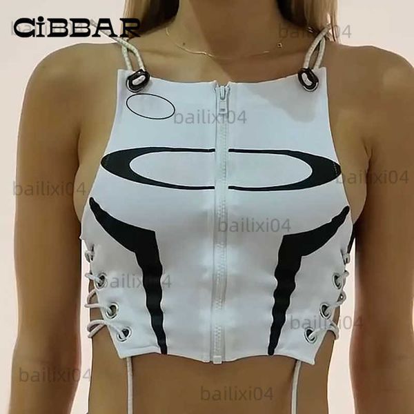 Débardeurs pour femmes Camis CIBBAR Sexy Bandage recadrée débardeurs Style moteur impression à lacets Camisole Streetwear course contraste sans manches vêtements fermeture éclair T230417