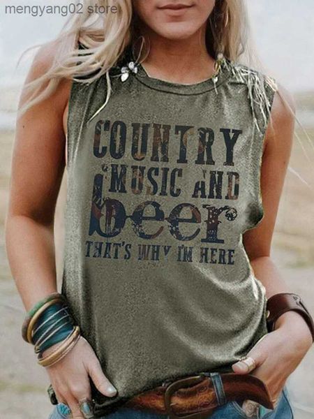 Débardeurs pour femmes Camis Musique country et bière Chemise à boire drôle pour les femmes T-shirts sans manches de vacances d'été Vintage Débardeur patriotique Casual Party T230517