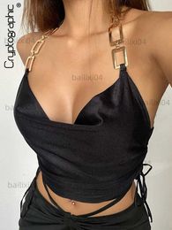 Débardeurs pour femmes Camis Cryptographique Chic Mode Satin Chaîne Halter Crop Top pour Femmes D'été Sans Manches Dos Nu Cordon Ruché Feminino Tops Club T230417