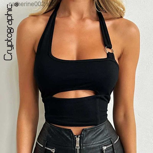 Tanques de mujer Camis Cryptographic Irregular Cut Out Hot Sexy Backless Halter Crop Tops Elegante verano Y2K Slim Tanks Top recortada Chic Streetwear T230605