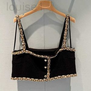 Dames tanktop Camis Designer merk Miu stijl zwarte diamant ingelegde kleine jarretel, Socialite gouden voering, sexy grof tweed omwikkeld borstvest 84GA