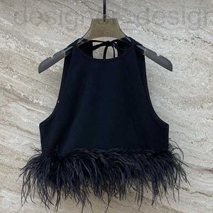 Damestanktop Camis designermerk Miu-stijl zwart patchwork vest van struisvogelhaar, socialite avondjurk, high-end top, delicate en sexy dames jarretelveer BVQF