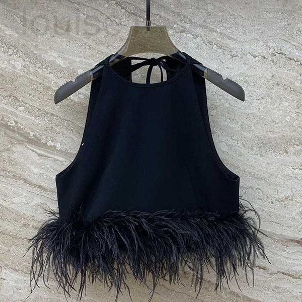 Débardeurs pour femmes Camis Designer Marque Miu Style Black Autruche Hair Patchwork Vest, Robe de soirée Socialite, Haut haut de gamme, Bretelles délicates et sexy Printemps JY36