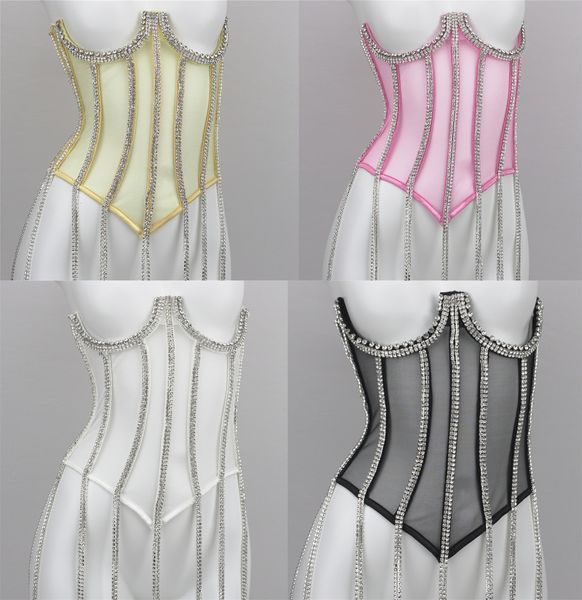 Débardeurs pour femmes Camis diamant clouté frange bandage débardeur gothique perspective dentelle corset femmes sexy vêtements d'extérieur mode dos nu bustiers courts 230306