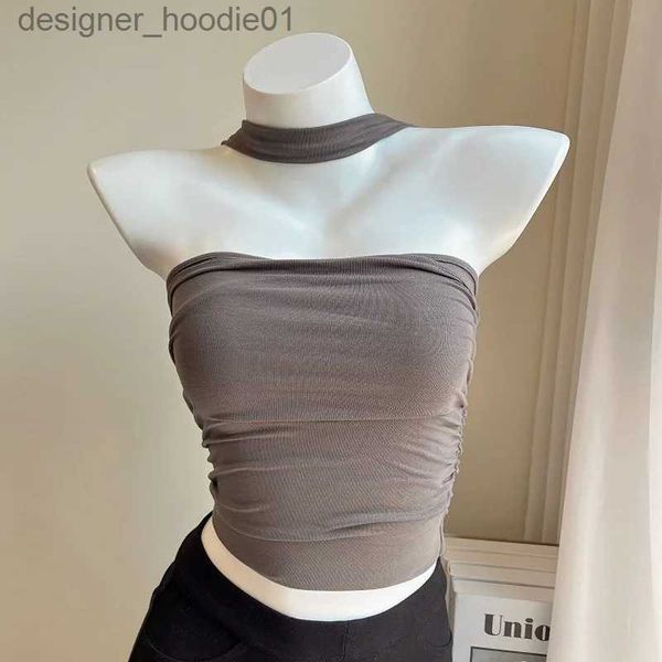 Débardeurs pour femmes Camis Double Fold Halter Neck Sleless Vest Top Fe T-shirt d'été 2023 Nouveau Sexy Design épicé Réservoirs Mode coréenne Crop Tops L231208