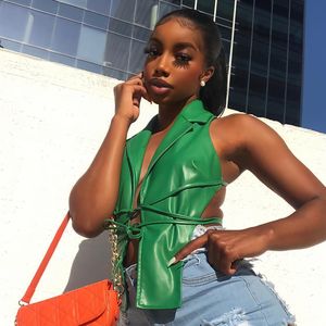 Damestanks Camis Echoine Design Green Pu Leather Blazer Vest Sexy Backless Halter Lace Up Tankts Party Clubwear Summer Streetwear Outfits 230105