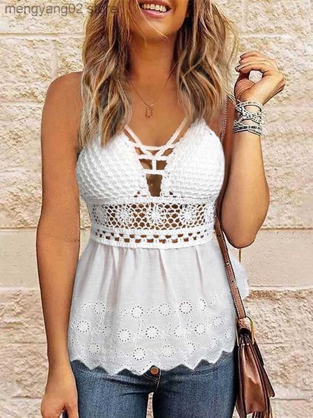 Débardeurs pour femmes Camisoles Mode évider Halter Tie Camisole Lace Up Cami Top Crochet Tricot Shell Hem Été Chemise Sans Manches Dos Ouvert Camis Blanc T230517