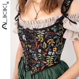 Damestanks Camis Floral Print Vintage Corset Women Lace Up Buister Crop Top Mouwess Bandage Tank Top Sexy Chest Binder Camisole Mujer 230509