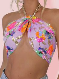 Tanks pour femmes Camis Flower Sequin broderie Y2K Pink Summer Crop Top avec collier entièrement doublé Night Party Camisole Chain J240409