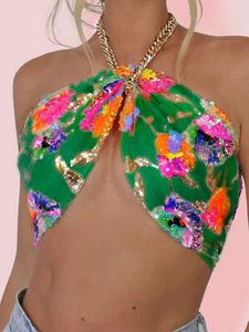 Tanks pour femmes Camis Flower Sequin broderie Y2K Pink Summer Crop Top avec collier entièrement doublé Night Party Camisole Chain J240523