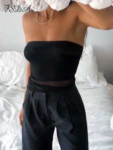 Damestanks Camis FSDA MESH 2022 Strapless Crop Top Black Summer Mouwess Tube Cami Off Shoulder Basic Y2K Tanktops Sexy White Zie je door Y2302