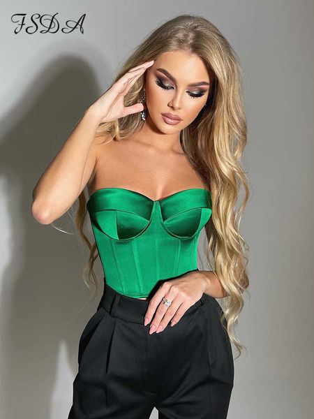 Tanques de mujer Camis FSDA Tubo sin tirantes Satén Crop Top Corsé Verde Sexy 2022 Verano Cami Y2K Sin mangas Negro Moda Mujeres Tank Tops Bustier Y2302