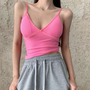 Damen Tanks Camis Mädchen Spitzenträger Tanktop mit Brustpolstern Sexy V-Ausschnitt Solid Wrap Damen Sling Suspender Y2K Crop Slim Fit Außen-BH 230419